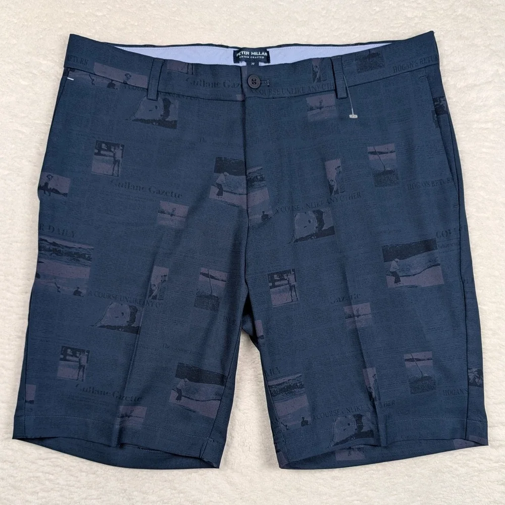 Peter Millar Crown Crafted Shorts‎ Mens 34 Navy Golf Newspaper Print Stretch